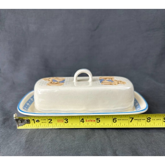 Vintage 1990 Tienshan Stoneware Teddy Bear Covered Butter Dish - Picture 8 of 8